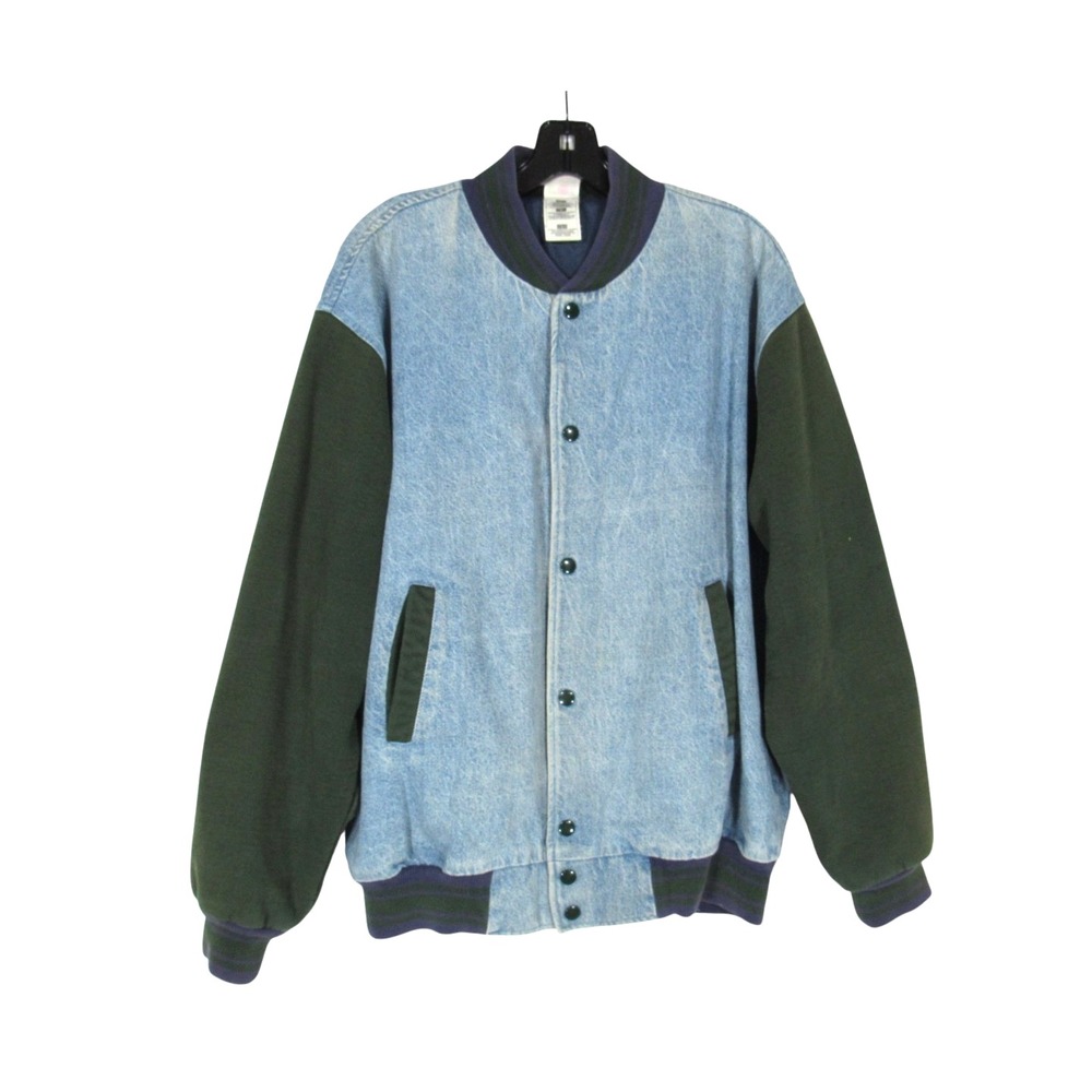 VTG FRUIT OF THE LOOM Light Wash Denim GREEN JERSEY SLEEVES Varsity Jacket Sz L